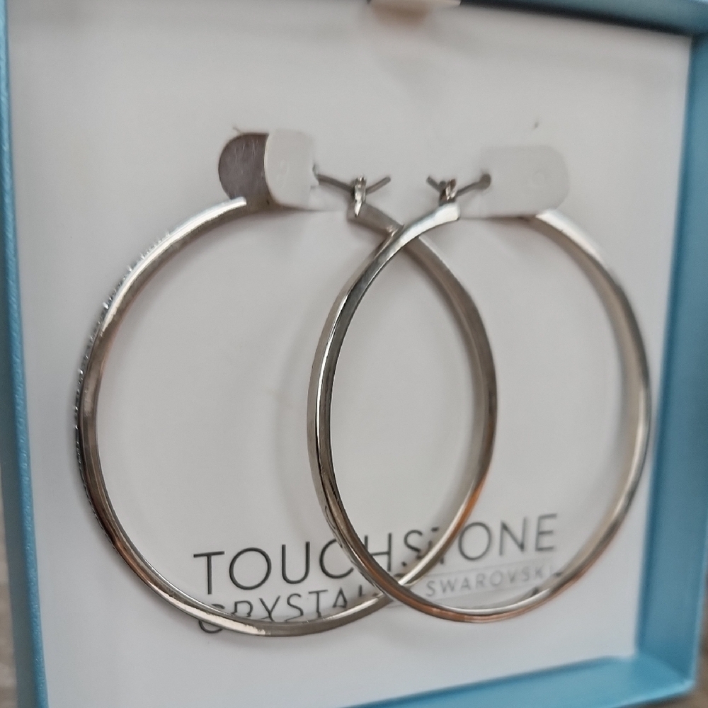Touchstone Silver Hoop with Crystals Earrings, 2" round for pierced ears